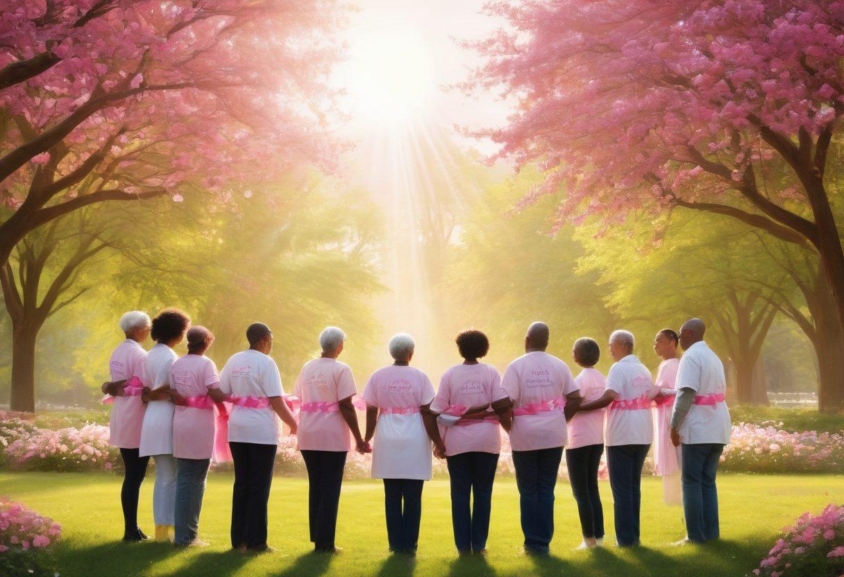 A serene and uplifting scene featuring a diverse group of cancer patients and advocates engaged in a supportive circle, surrounded by symbols of hope such as pink ribbons and blooming flowers. The background should showcase a peaceful park setting with sunlight filtering through the trees, representing community and healing. Emphasize emotions of strength, resilience, and unity through warm colors and gentle expressions. whimsical illustration. vibrant colors. soft focus.