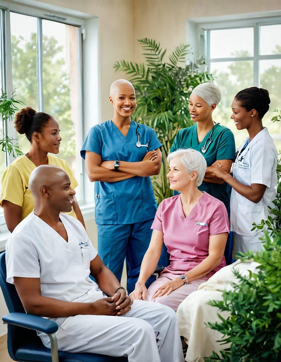 A warm and inviting scene depicting a diverse group of cancer survivors in a serene clinic, collaborating with medical professionals. Showcase innovative medical technology in the background, with hopeful expressions and lush greenery symbolizing growth and empowerment. Include soft, natural lighting to create a sense of peace and hope. watercolor style. vibrant colors. warm tones.